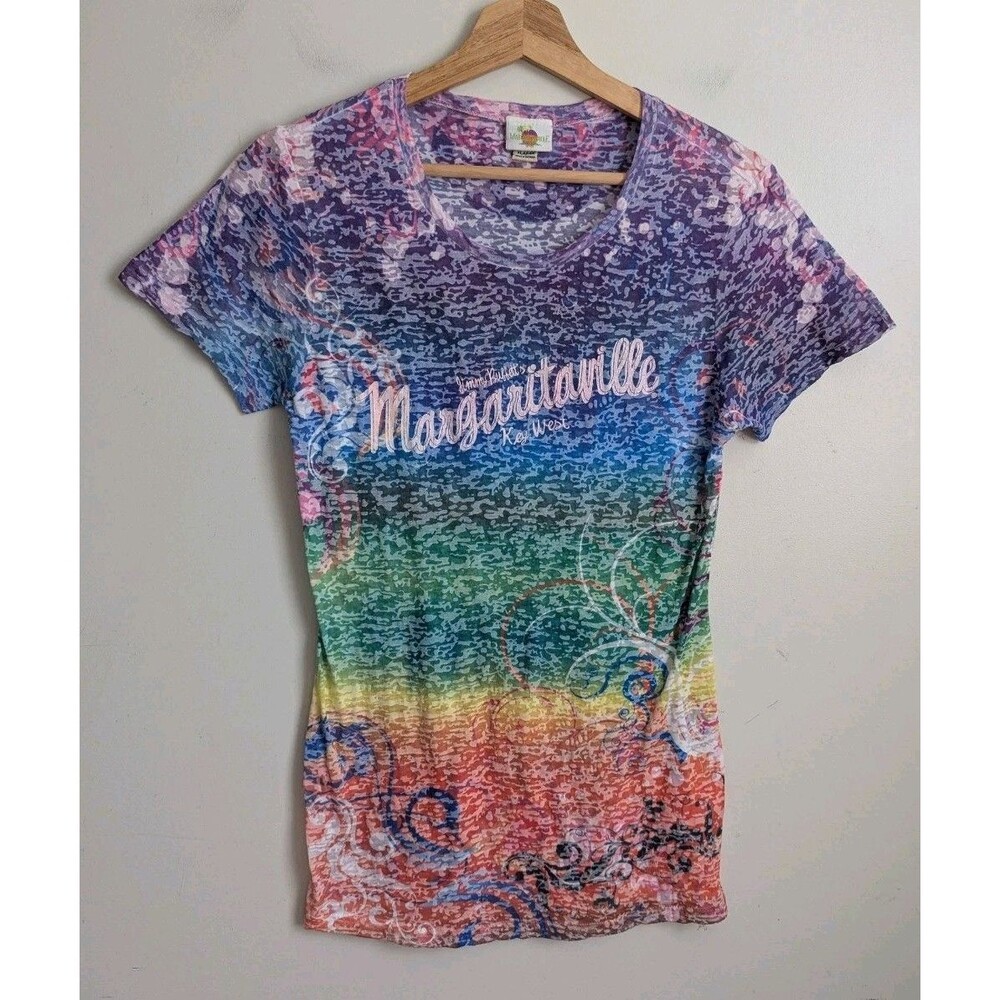 Vtg Y2K Women's Margaritaville Tee Sheer Burnout Rainbow T Shirt XL Fitted Slim